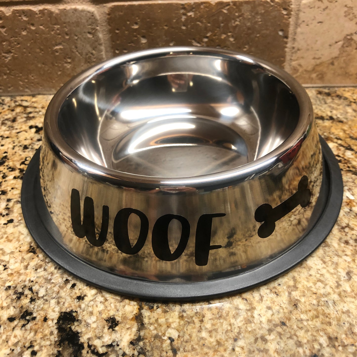 Dog dish with woof and dog bone