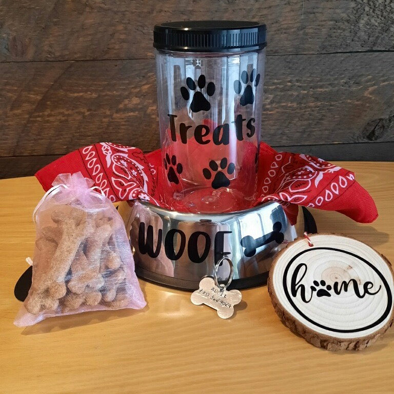 Stainless steel dog dish with treats and treat jar