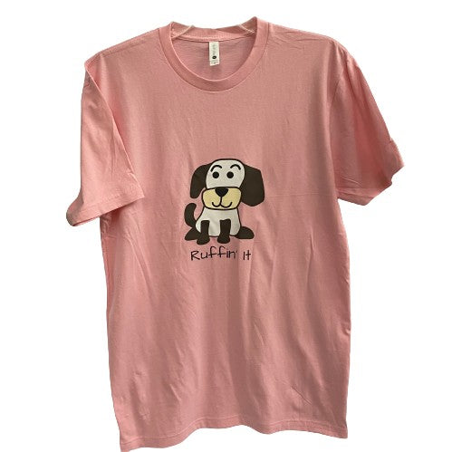 Light pink t-shirt with a puppy drawing and the words "Ruffin' It" underneath