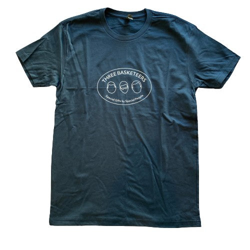 Indigo blue t-shirt with white Three Basketeers logo