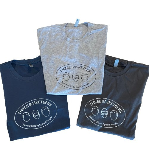 Three Basketeers logo T-shirts in heather grey, indigo blue and heavy metal (dark grey)