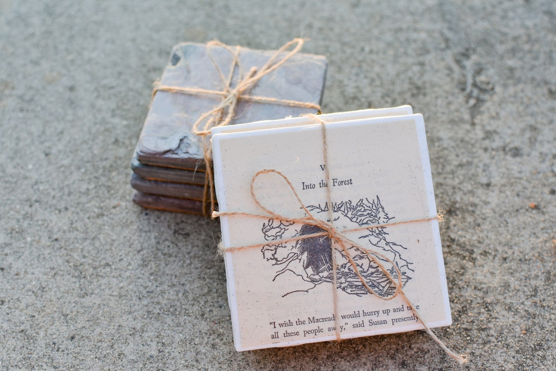 coasters featuring printed pages of classic novels with cork backing