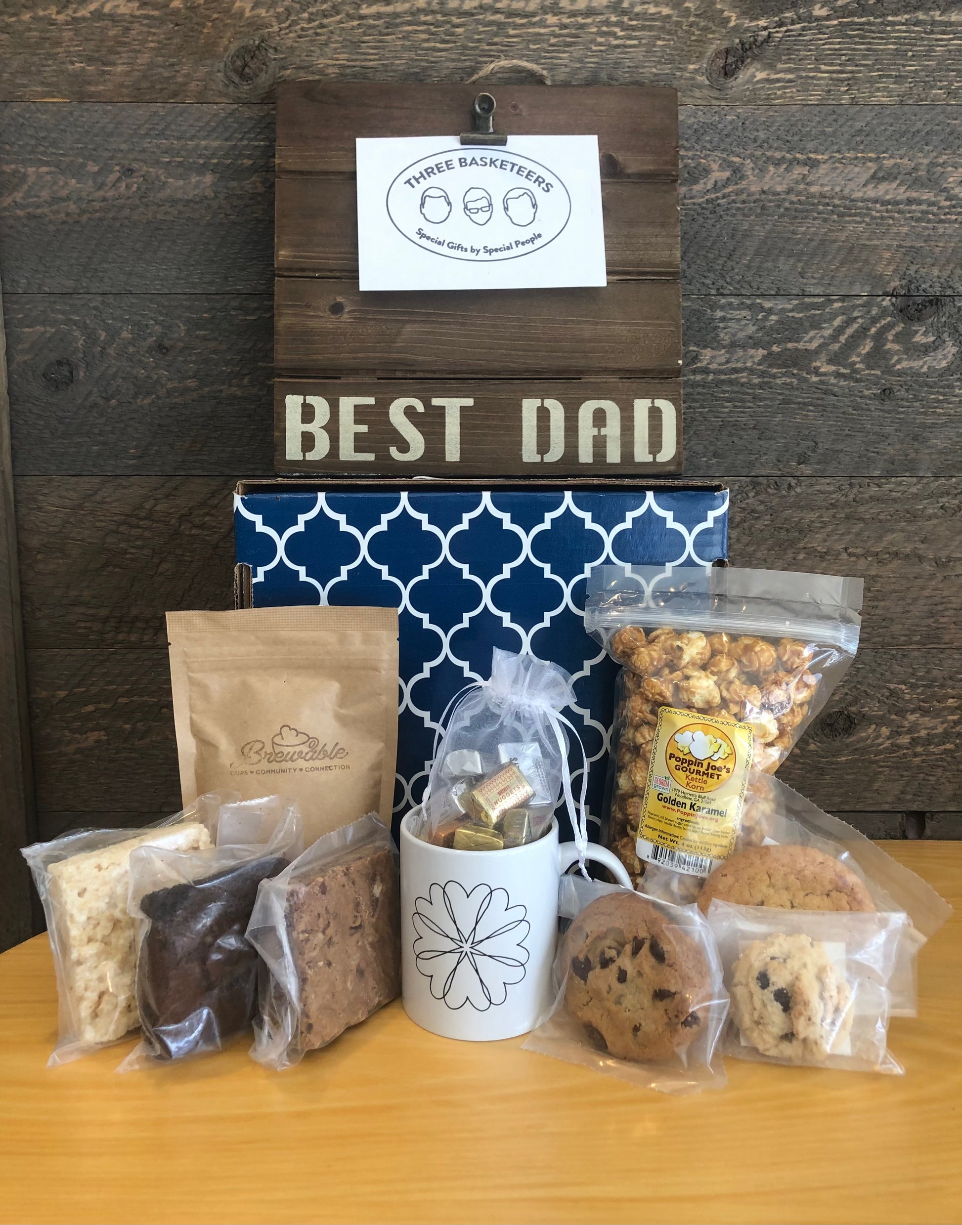 Best Dad photo pallet and shipping box with coffee, cookies and treats