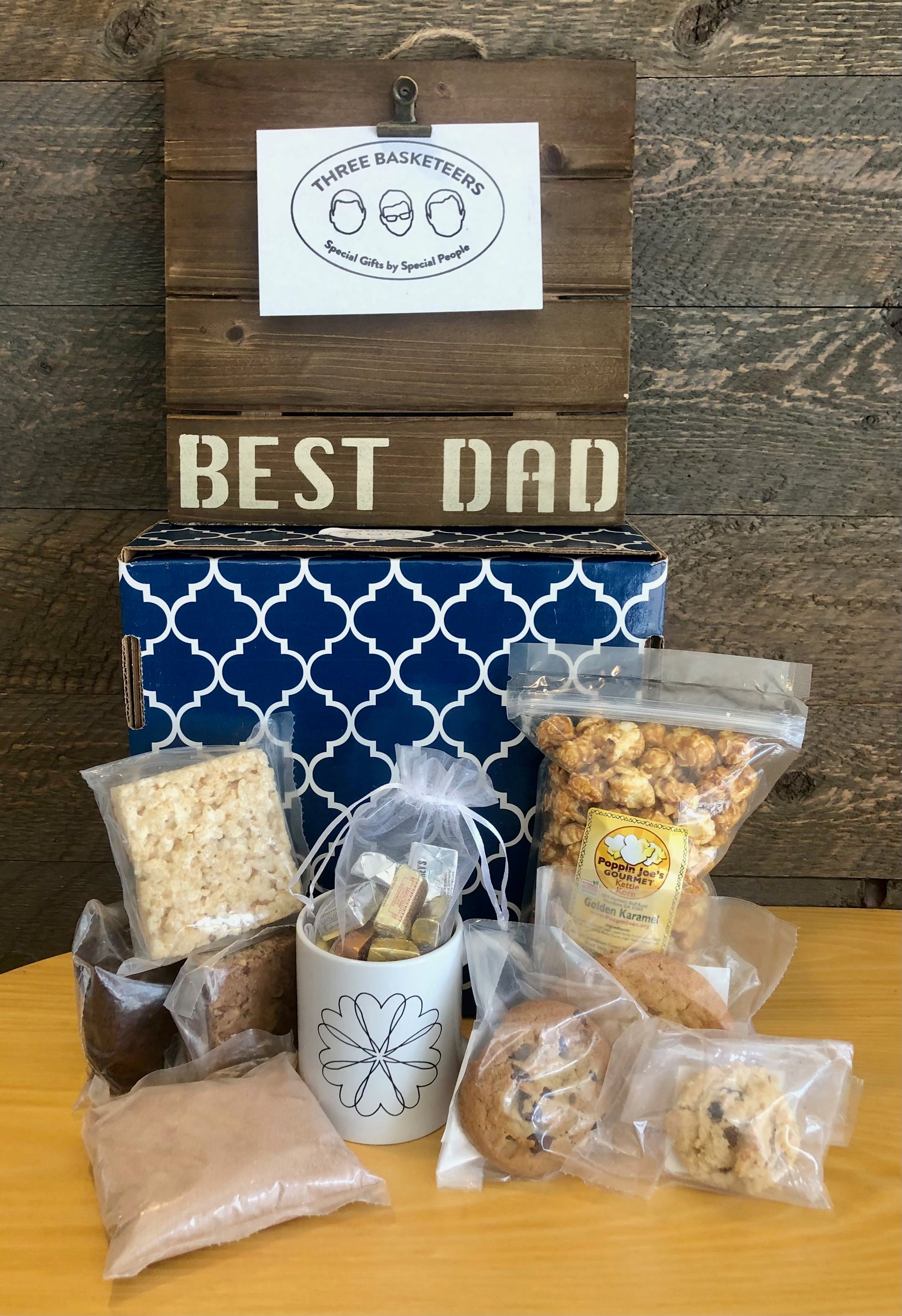 Best Dad photo pallet and shipping box with coffee, cookies and treats