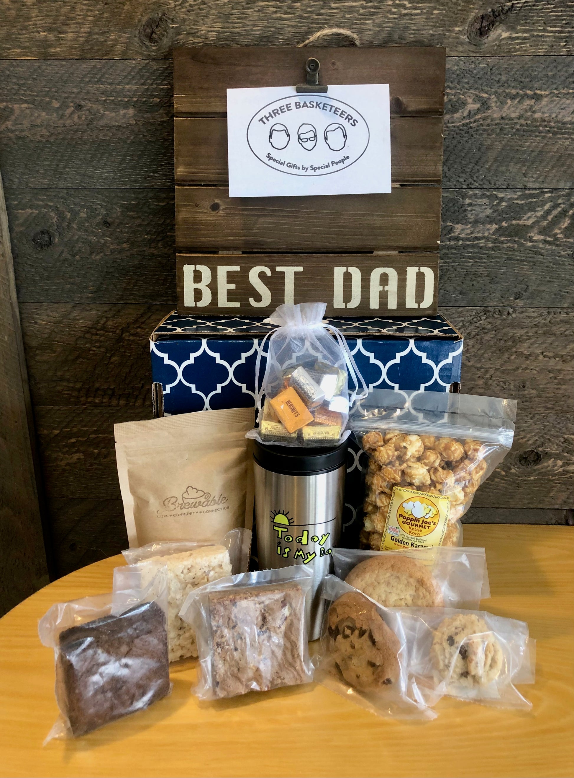 Best Dad photo pallet and shipping box with coffee, cookies and treats