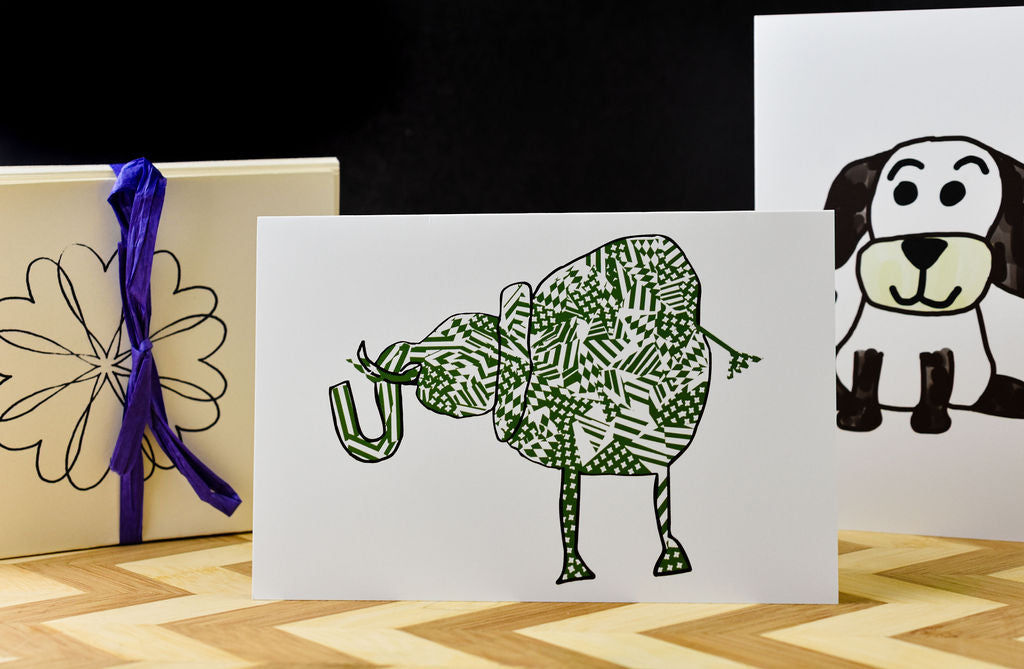 Elephant notecard with heart wreath and puppy notecards