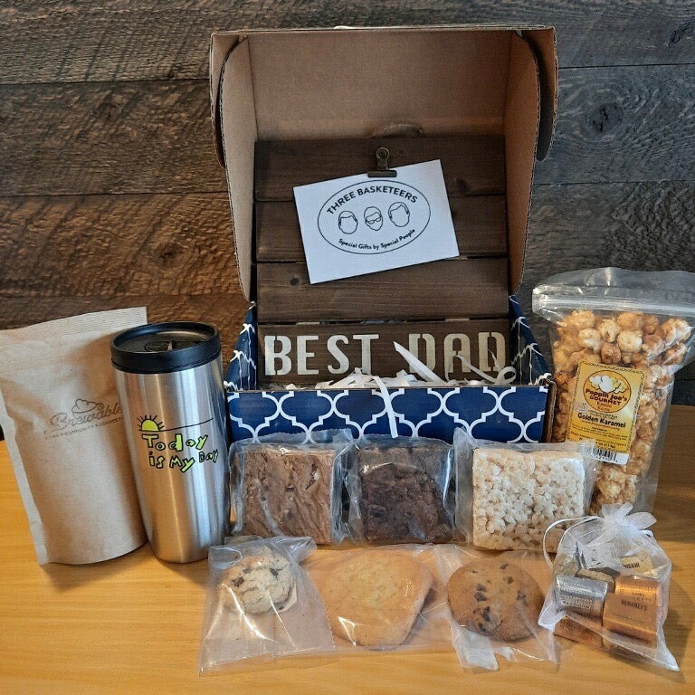 Best Dad photo pallet and shipping box with coffee, cookies and treats